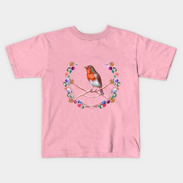 Robin Song and Berry Wreath Kids T-Shirt by nocturne-design